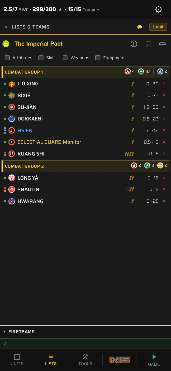 The list collapsed with identical troopers stacked