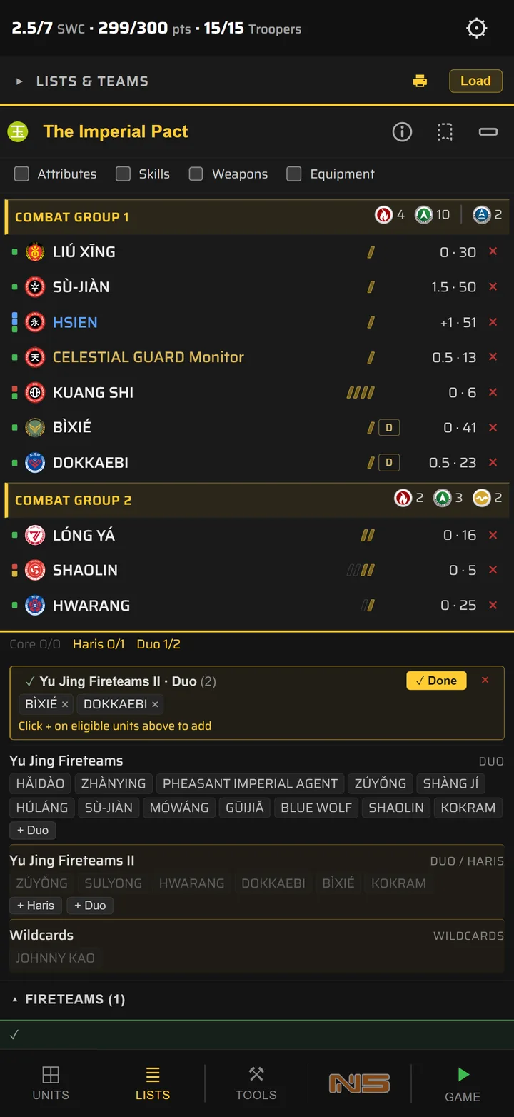 A list showing fireteams