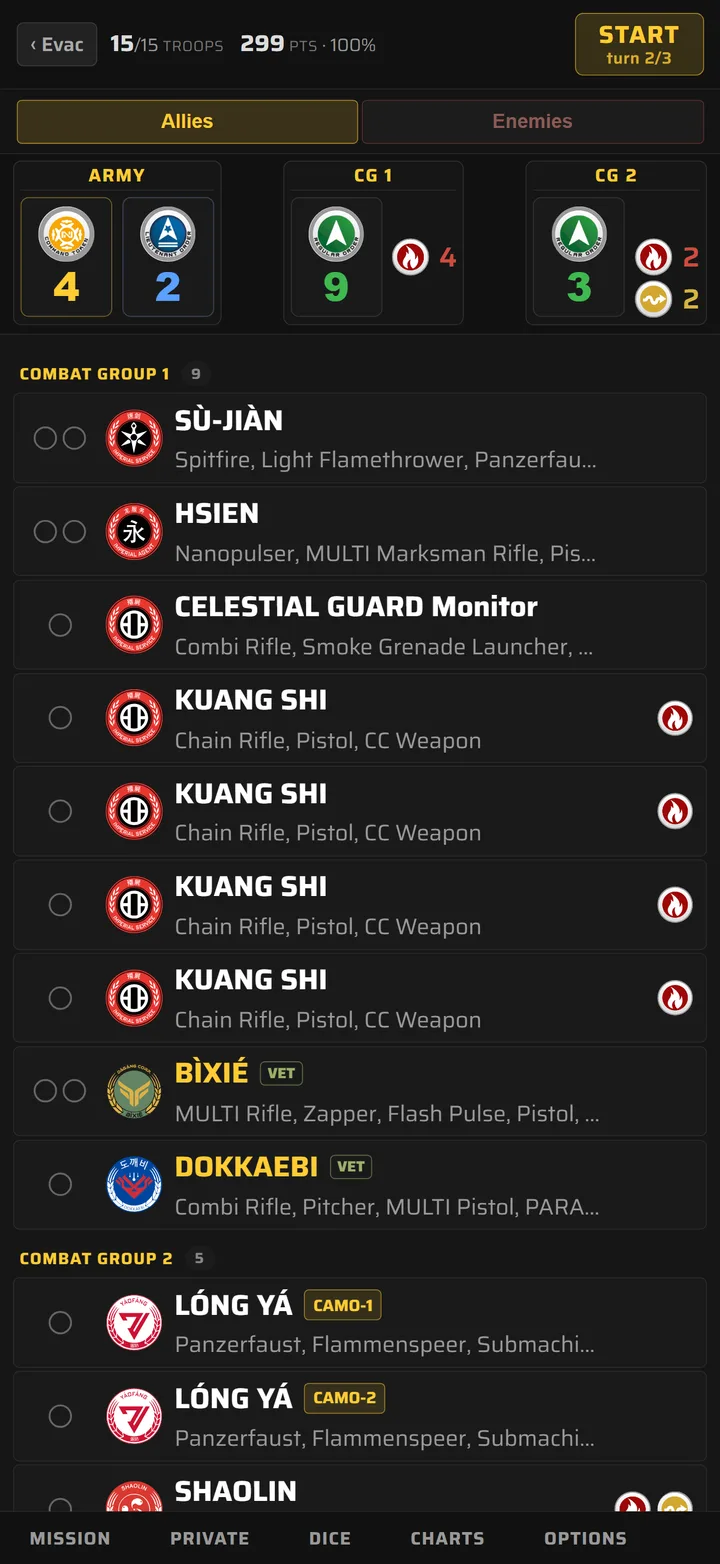 Play mode showing order pools per combat group