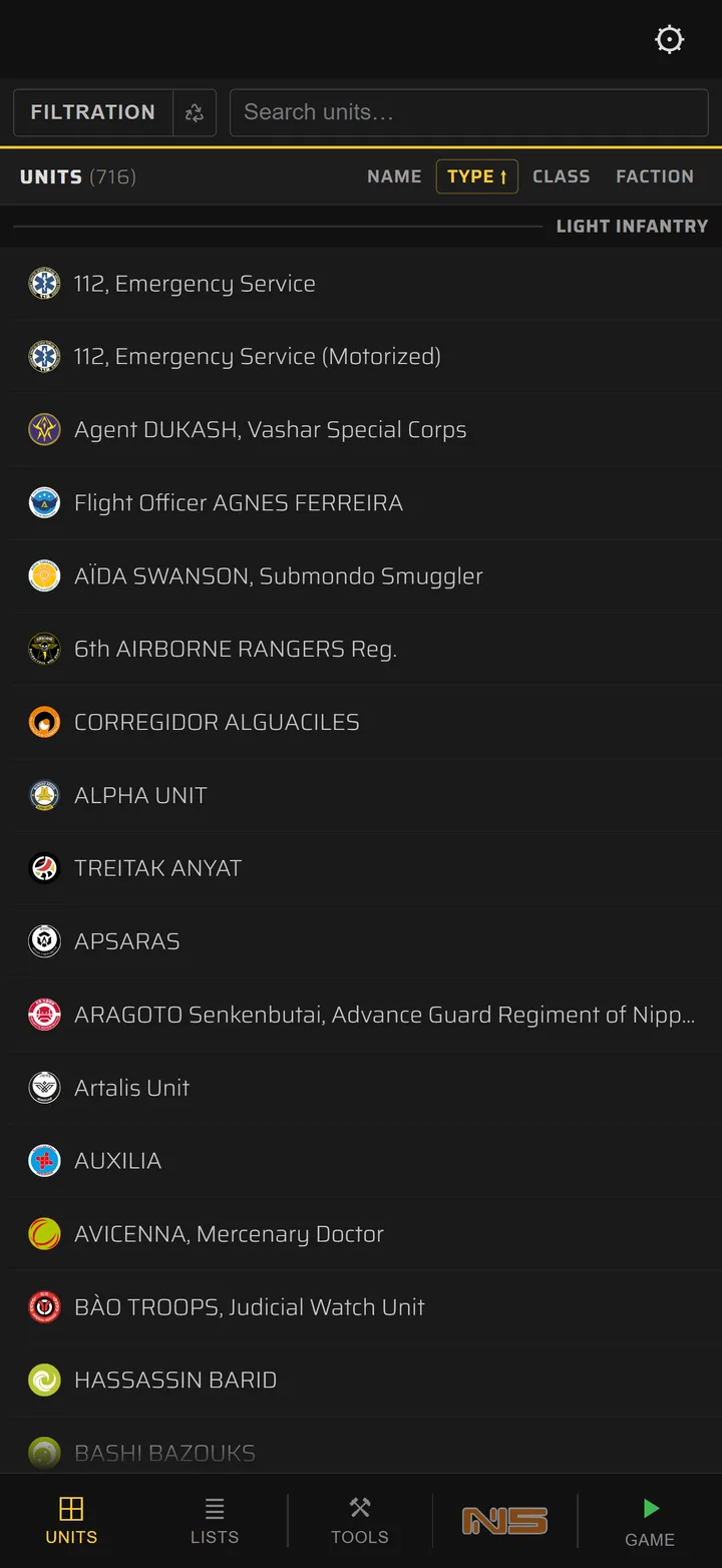 Browsing the unit roster